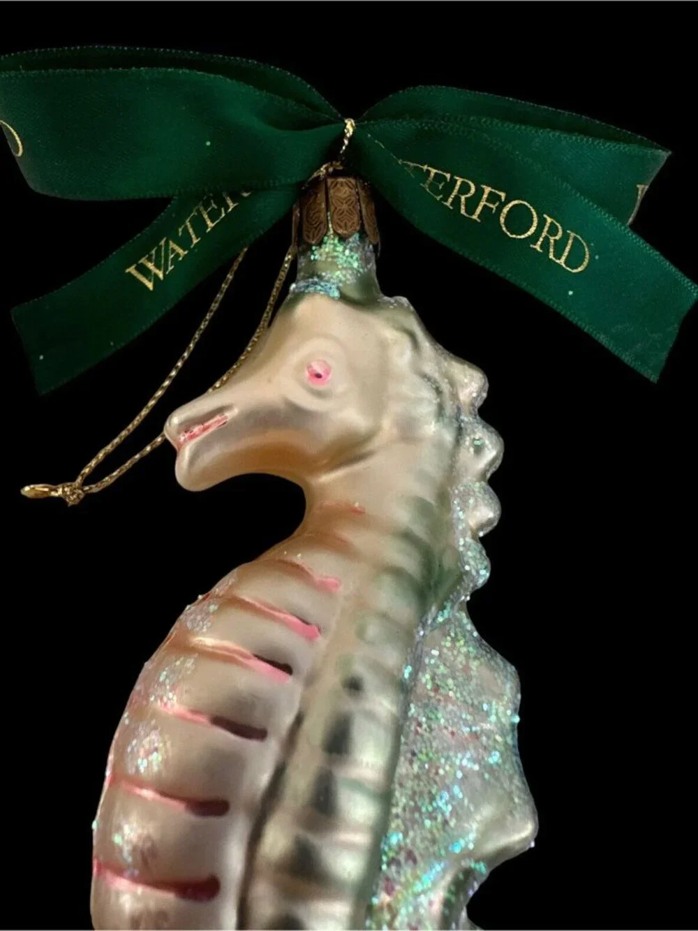 Waterford Holiday Heirlooms Seahorse Blown Glass Ornament Green Bow